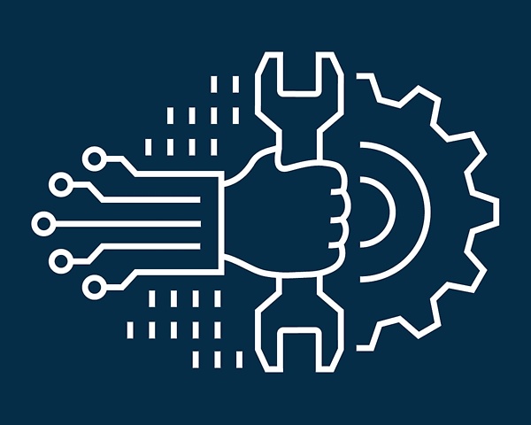 Icon Hand mit Schraubschlüssel, Zahnrad und Datenstrom